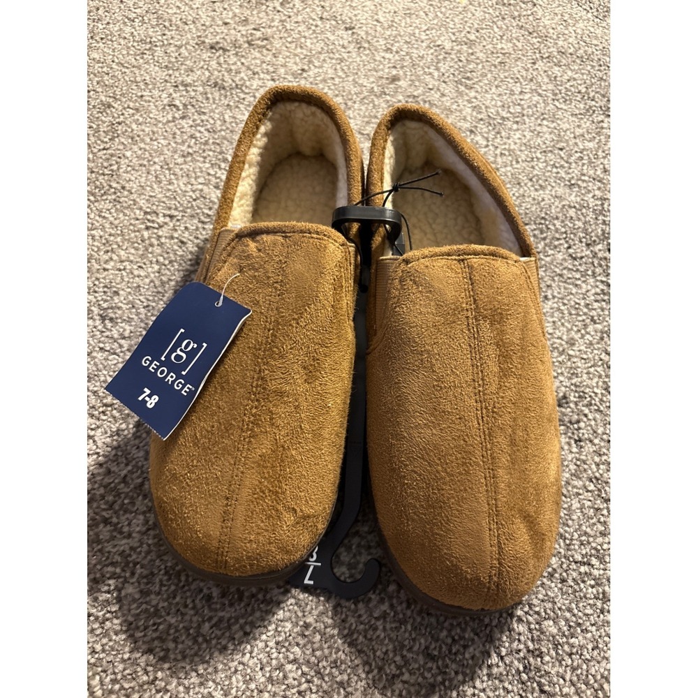 George Mens Comfort Sock Brown Sherpa Aline Indoor Outdoor Slippers Size 7-8